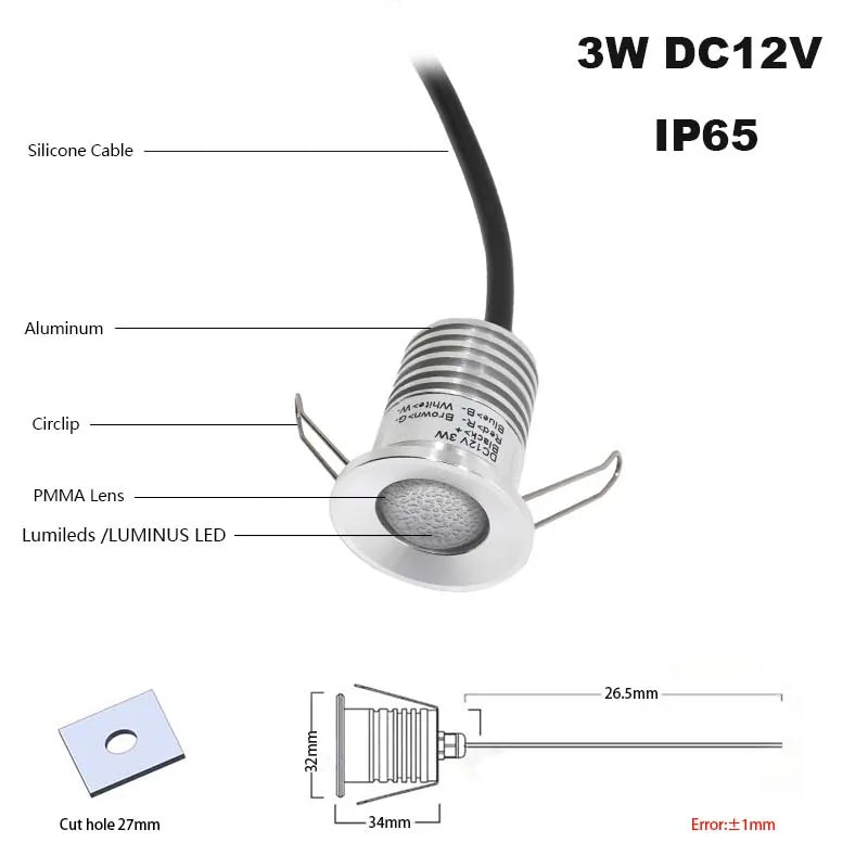 IP65 RGB RGBW Mini LED Recessed Spotlight 3W DC 12V 27mm Cutout Dimmable Remote Control 30 Degree Aluminum Nickel Ceiling Stair