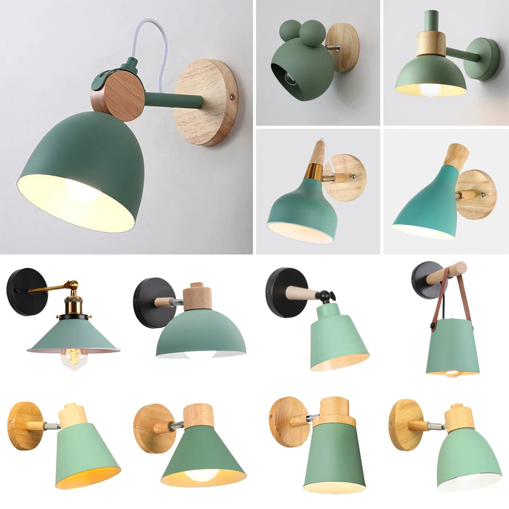 Nordic Wooden Wall Lamp E27 Iron Oak Wood PU Leather Adjustable Head 17 Specs 110-240V
