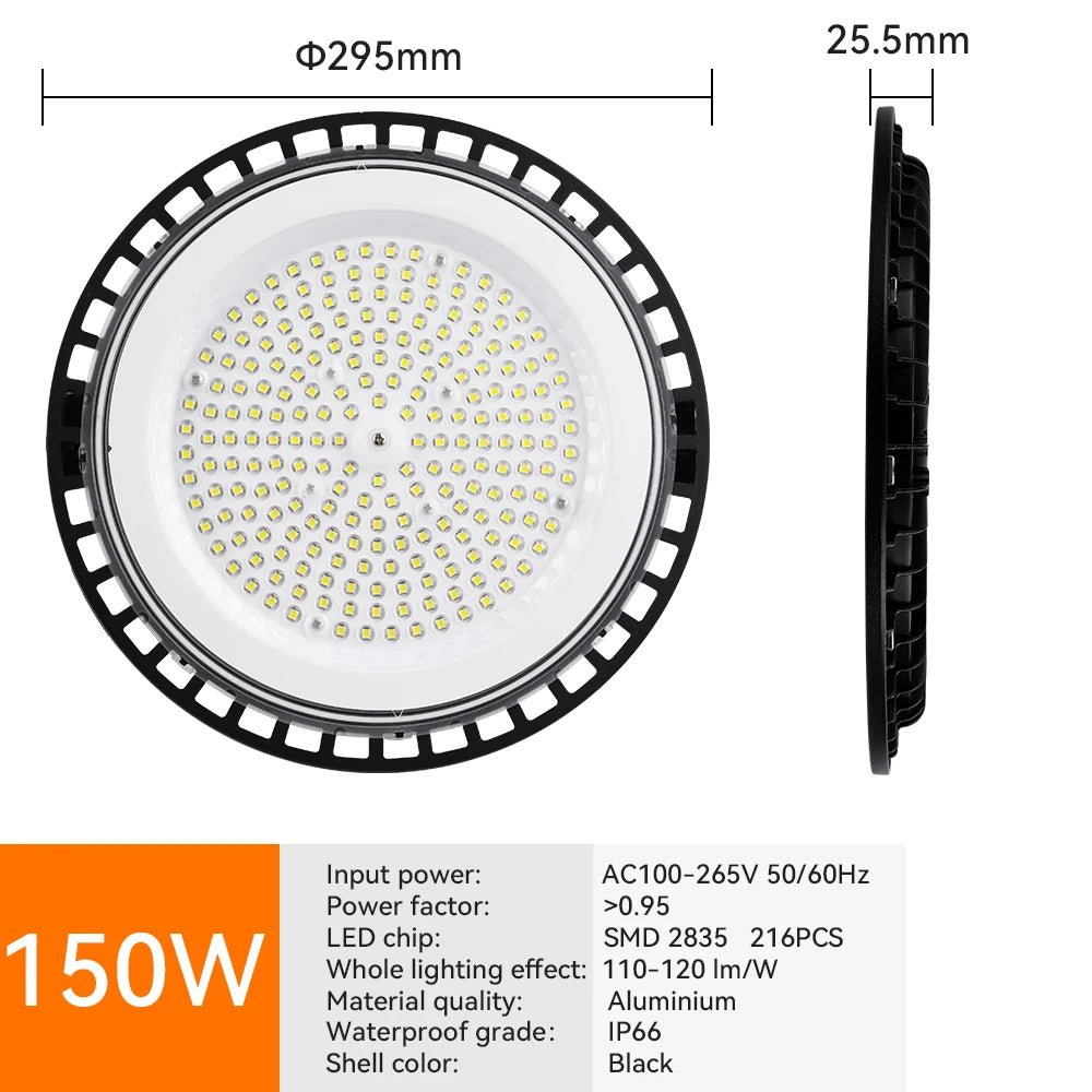 UFO LED High Bay Light 100W 150W 200W SMD2835 IP66 110-120lm/W 6000K AC 110-265V Warehouse