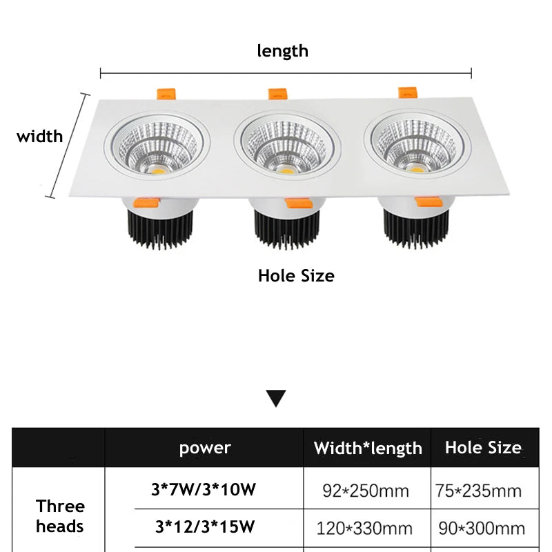 Triple-Head COB LED Downlight 3x7W 3x10W 3x12W 3x15W Dimmable 38° CRI 90+ 85-265V