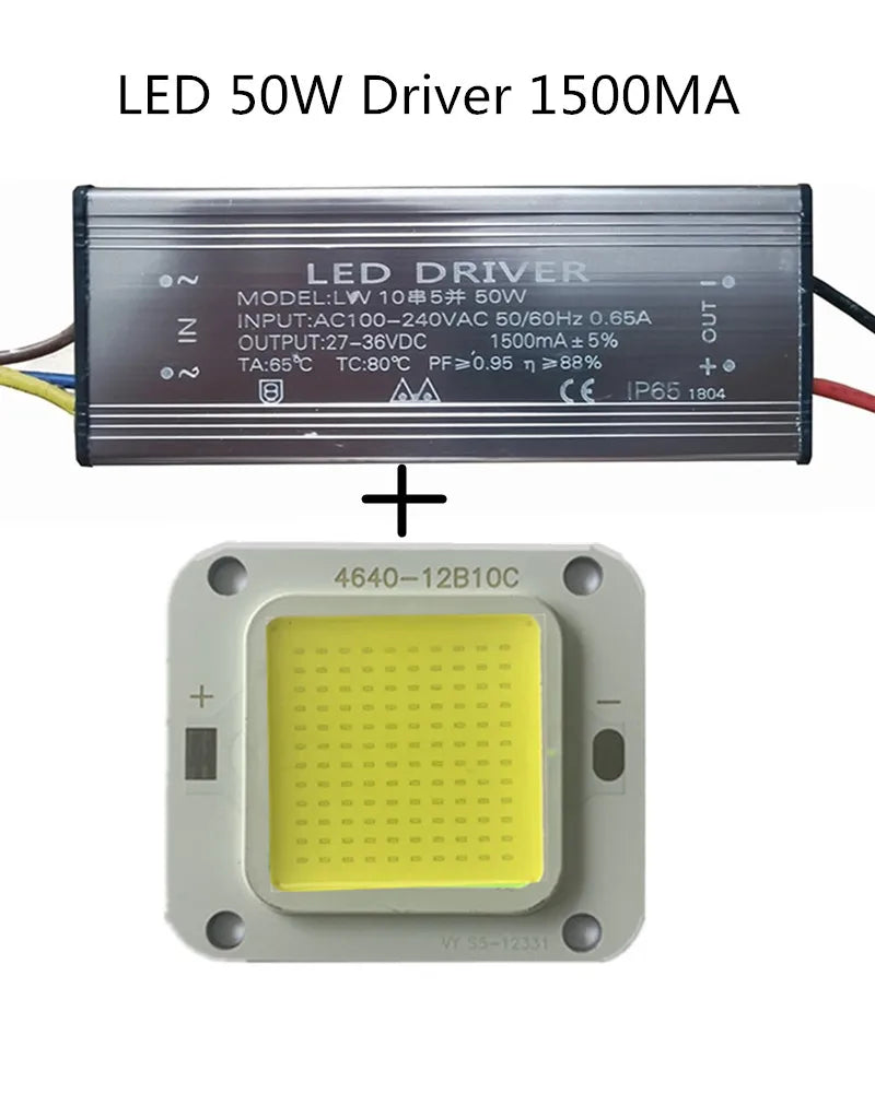 COB High-Power LED Chip + Driver Kit 10W 20W 30W 50W 100-130lm/W AC 85-265V Floodlight