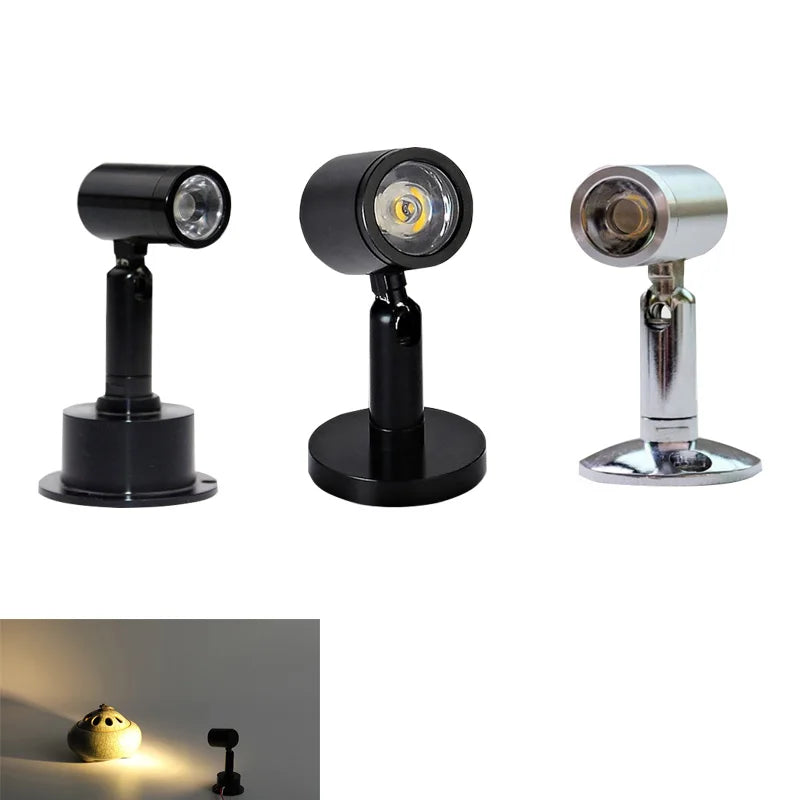 Mini LED Surface Mounted Spotlight 1W 3W AC 85-265V or DC 12V 24V Black Silver Nickel Cabinet Counter Showcase 3 Mount Styles 6 Color Options