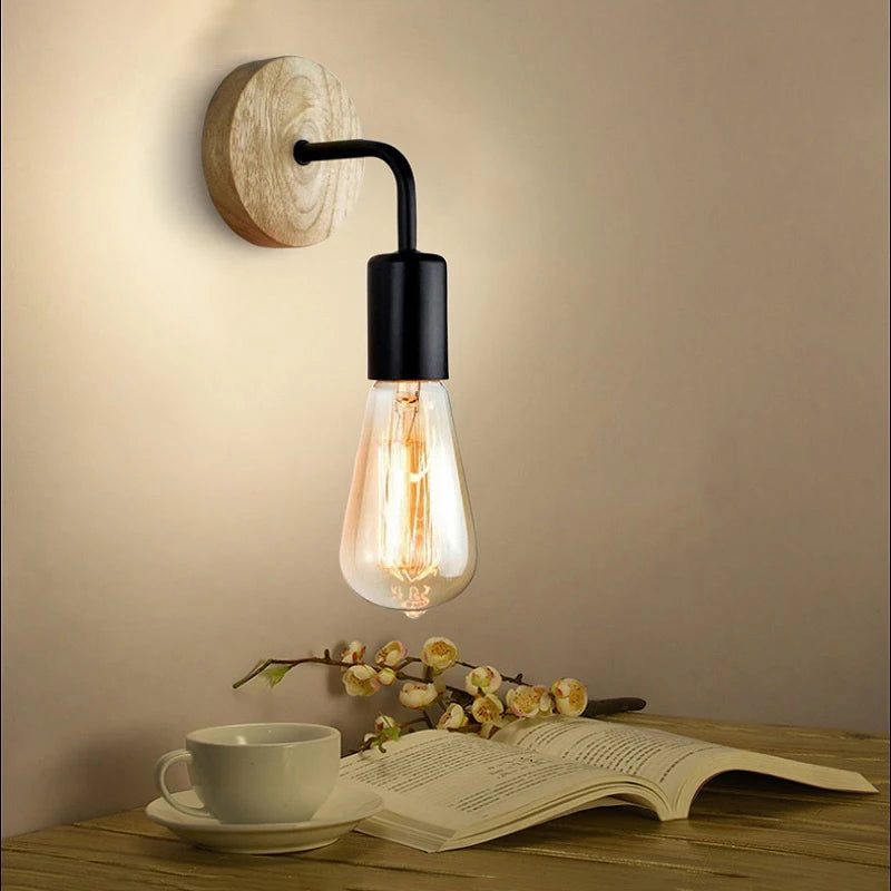 Vintage Industrial Wood Wall Lamp E26 E27 Iron Sconce Indoor Home Loft Decor Lighting