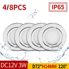 4/8-Pack 3W IP65 Stainless Steel LED Spotlight D72mm 55mm Cutout 120° 240-300lm DC 12V