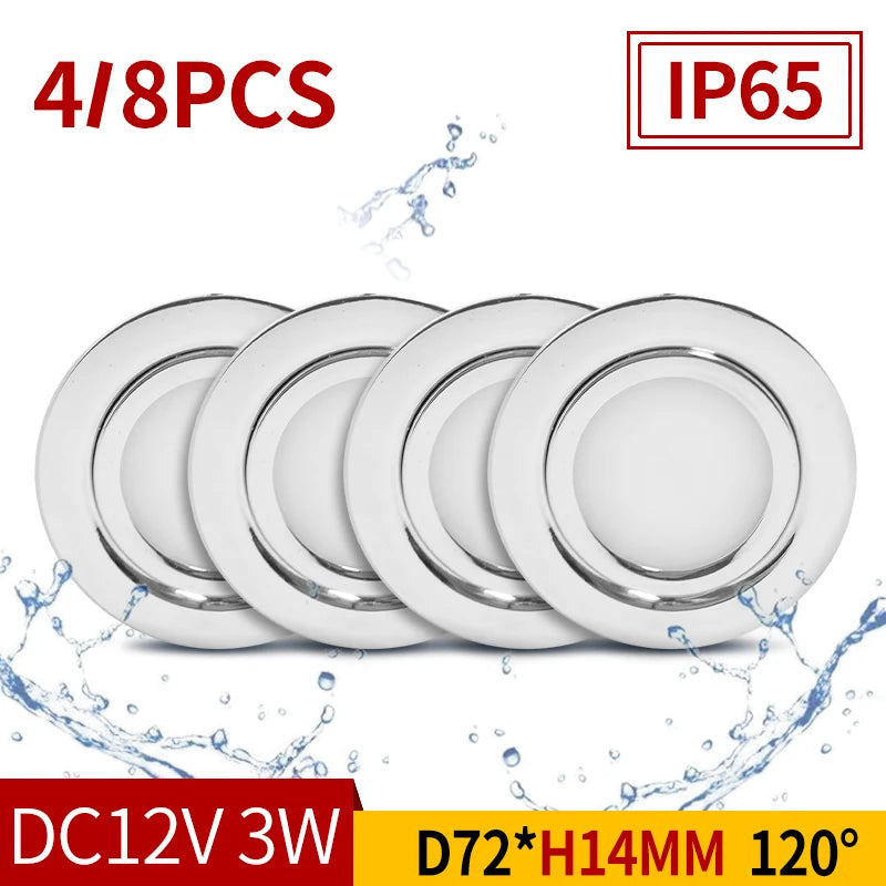 4/8-Pack 3W IP65 Stainless Steel LED Spotlight D72mm 55mm Cutout 120° 240-300lm DC 12V