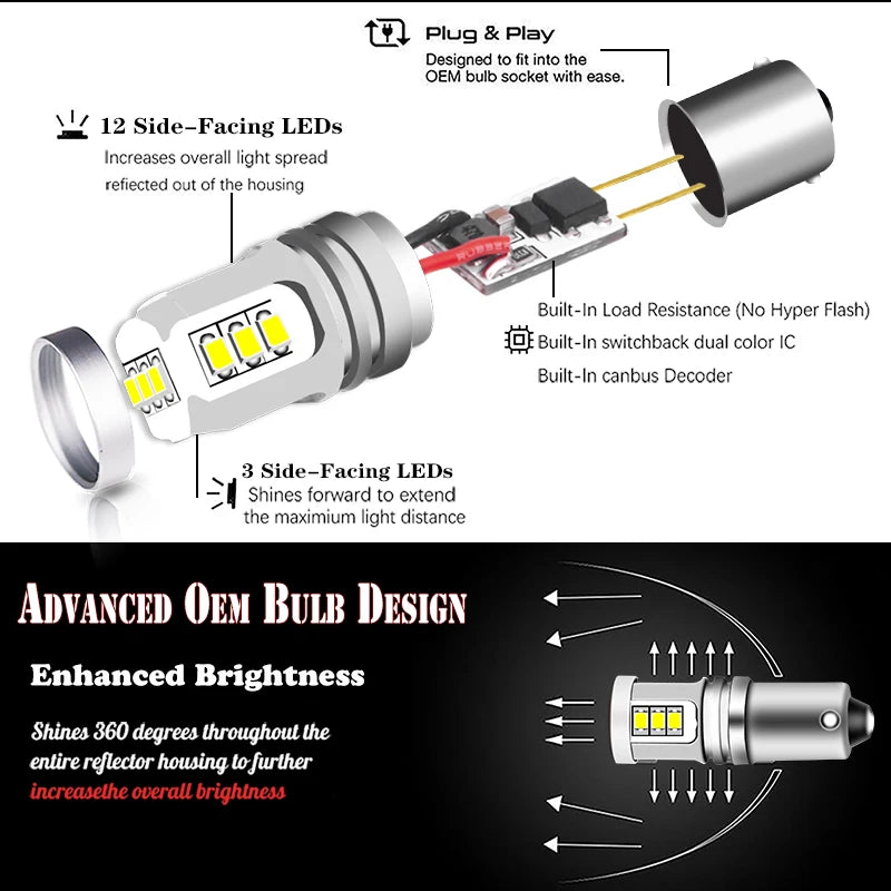 iJDM BA9S BAX9S BAY9S H21W LED Bulb 15-SMD1020 650lm 3.6W Canbus 12-32V 2-Pack