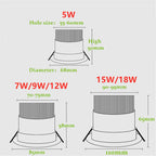 Dimmable COB LED Recessed Downlight 5W 7W 9W 12W 15W 18W Epistar 60-Degree CRI 85+ 85-265V