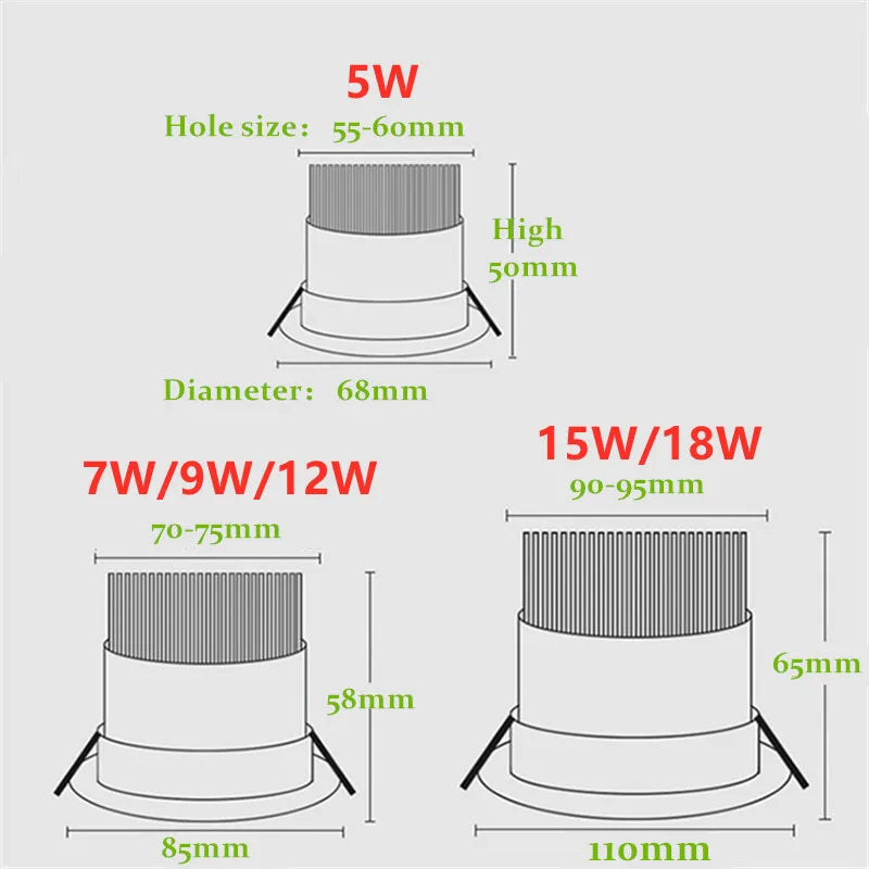 Dimmable COB LED Recessed Downlight 5W 7W 9W 12W 15W 18W Epistar 60-Degree CRI 85+ 85-265V