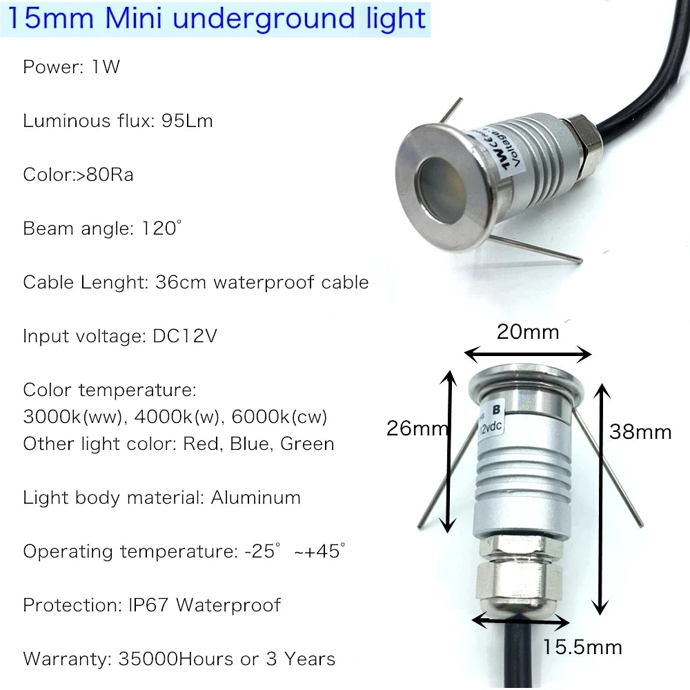 IP67 Mini LED Underground Ground Light 1W DC 12V 95lm 120 Degree CRI 80 36cm Cable Dimmable Aluminum Warm White Natural White Cool White Red Green Blue RGB