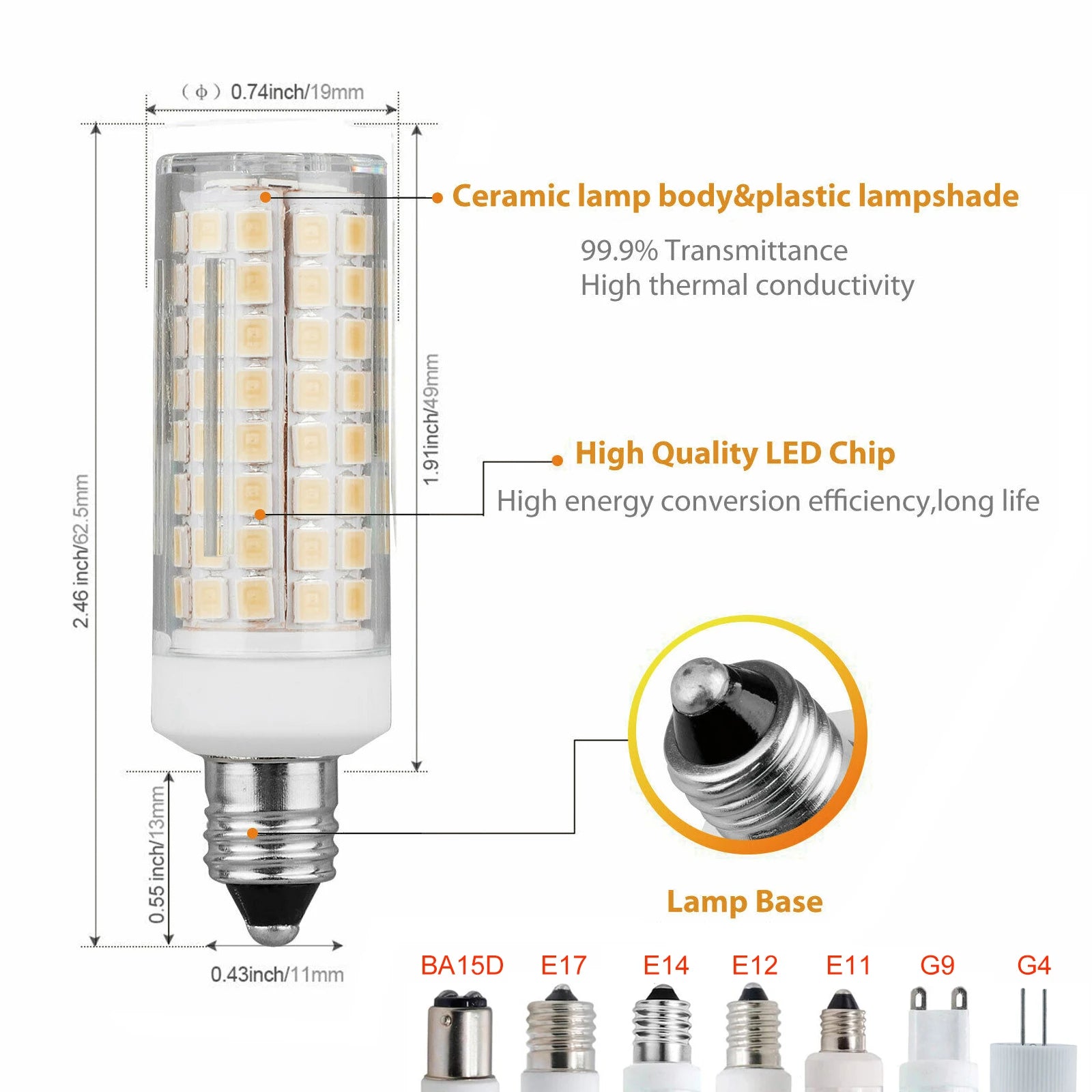 Dimmable LED Corn Bulb 9W 850lm G4 G9 E12 E14 E17 BA15D Epistar SMD2835 110-220V