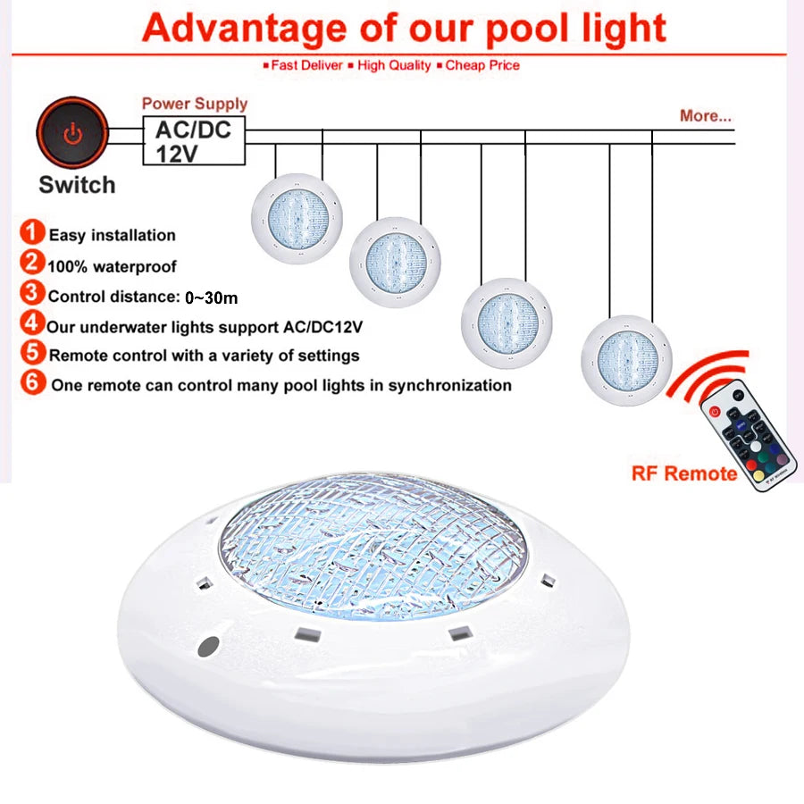 LED Pool Underwater Light 24W 36W IP68 DC 12V RGB Remote Warm White Cool White D280mm