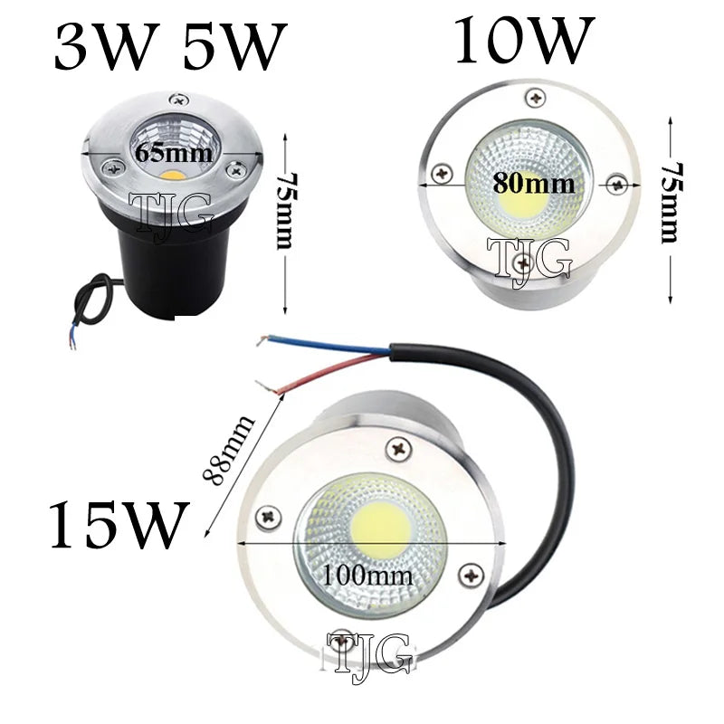 IP68 COB LED Underground Light 3W 5W 10W 15W 120° 100lm/W AC 85-265V DC 12V Garden Path