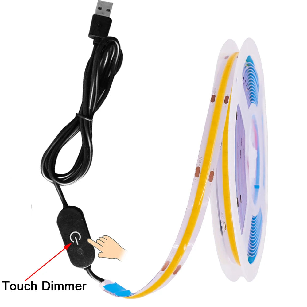 USB DC 5V COB LED Strip Light 320 LED/m 8mm PCB CRI 90 IP33 0.5m to 5m Warm White Natural White Cool White Red Green Blue Yellow Flexible Tape