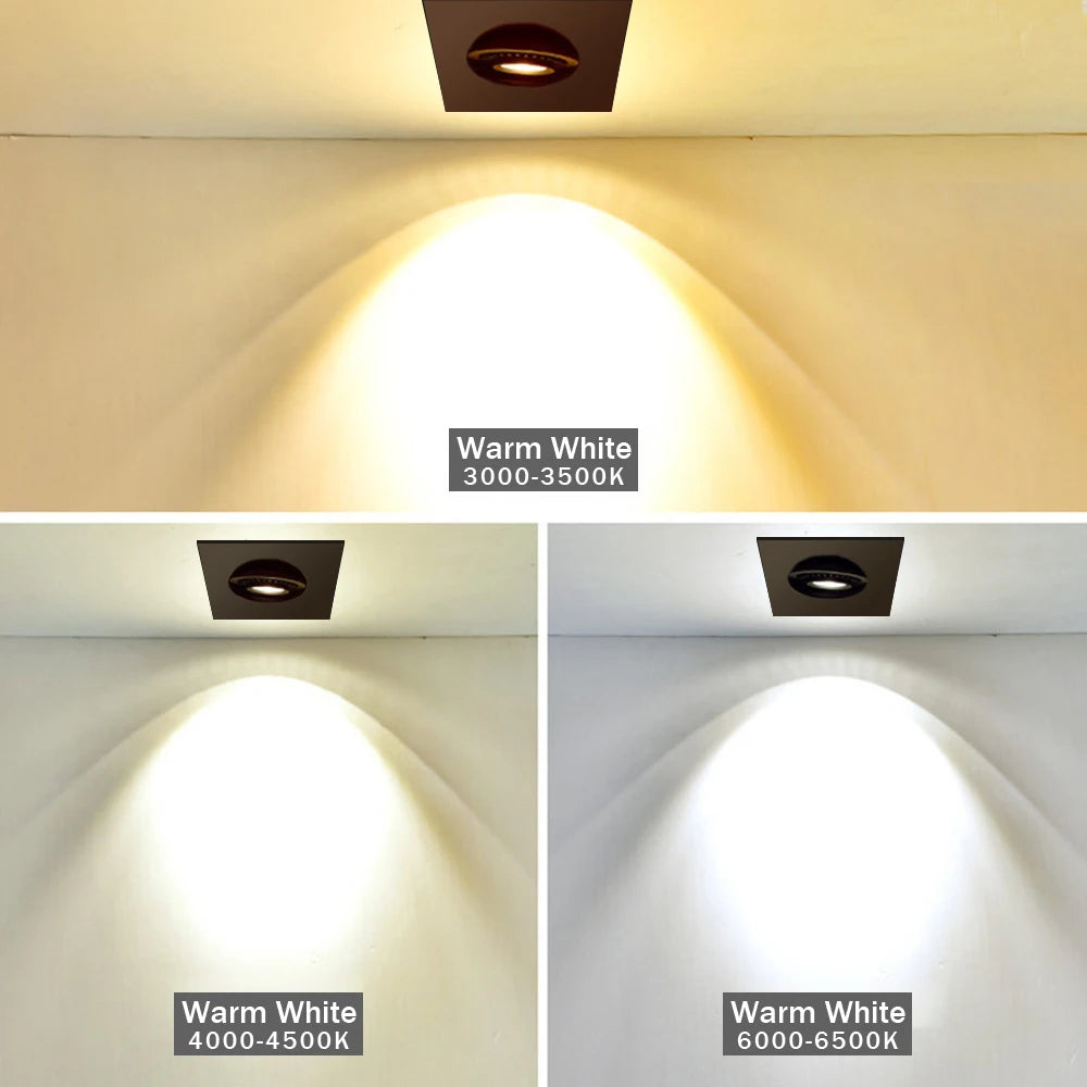Dimmable Square COB LED Recessed Downlight 5W 7W 10W 12W 15W 360-Degree 25-45° CRI 90+