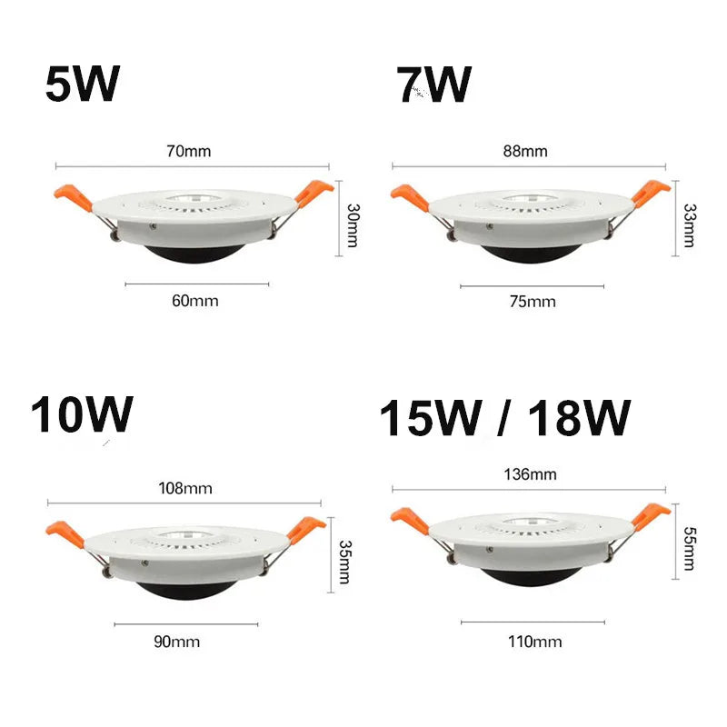 360 Degree Rotatable COB LED Recessed Downlight 5W 7W 10W 15W 18W CRI 80 100-110 lm/W AC DC 12V 24V Warm White Natural White Cool White White Black Driver Included