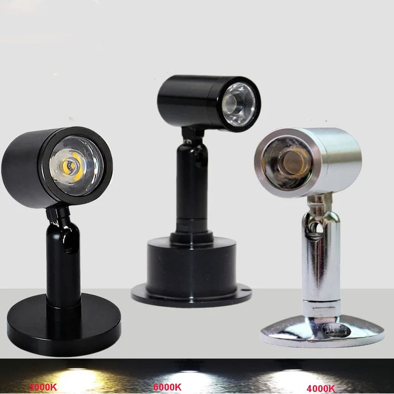 Mini LED Surface Mounted Spotlight 1W 3W AC 85-265V or DC 12V 24V Black Silver Nickel Cabinet Counter Showcase 3 Mount Styles 6 Color Options