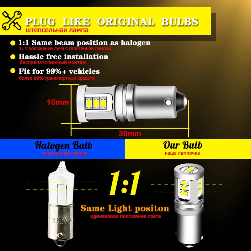 iJDM BA9S BAX9S BAY9S H21W LED Bulb 15-SMD1020 650lm 3.6W Canbus 12-32V 2-Pack