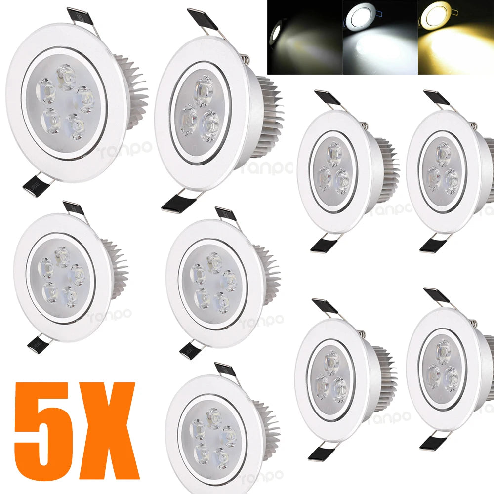 5-Pack 3W 5W LED Recessed Downlight Epistar Silver Adjustable Head AC 85-265V 3-Color