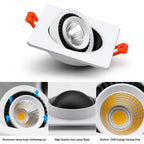 Dimmable Square COB LED Recessed Downlight 5W 7W 10W 12W 15W 360-Degree 25-45° CRI 90+