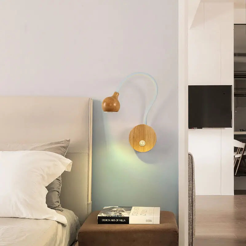 Nordic Wood Flexible Gooseneck LED Wall Sconce 5W E26 Pull or On/Off Switch 3 Color Temperatures AC 90-260V Bedroom Reading Bedside Gold Black White