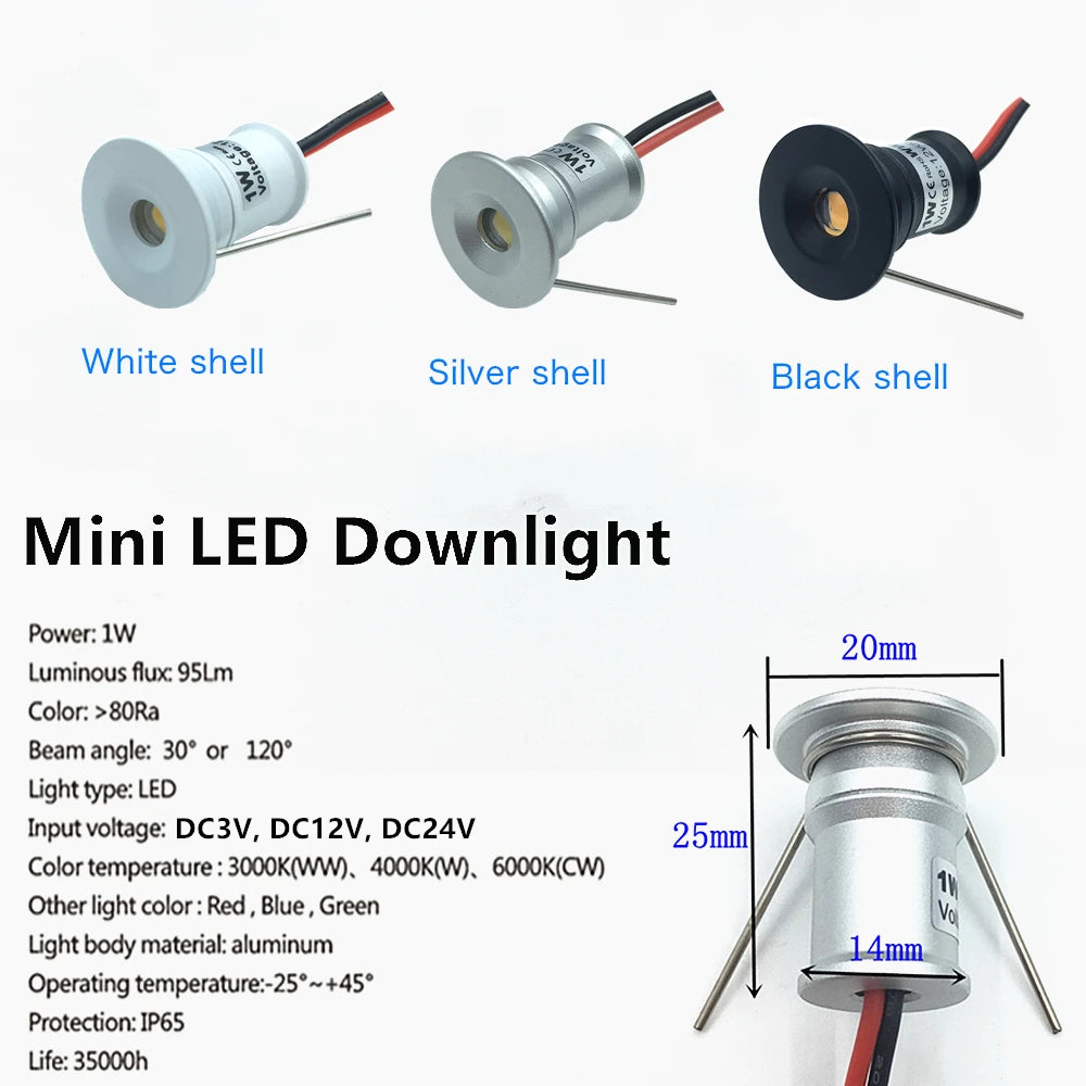 IP65 Mini LED Recessed Spotlight 1W DC 3V 12V 24V 95lm 30 or 120 Degree Dimmable Aluminum Silver Black White Warm White Natural White Cool White RGB 20 Pack
