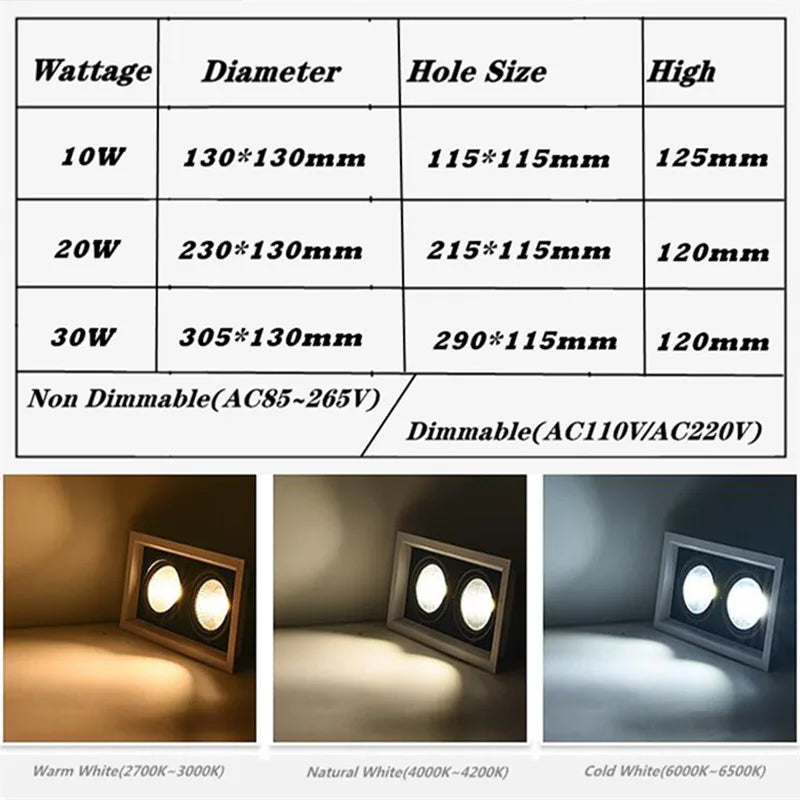 Dimmable COB LED Recessed Downlight 10W 20W 30W 24-Degree CRI 85+ 85-265V Commercial