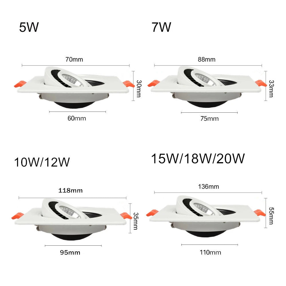 Dimmable Square COB LED Recessed Downlight 5W 7W 10W 12W 15W 360-Degree 25-45° CRI 90+
