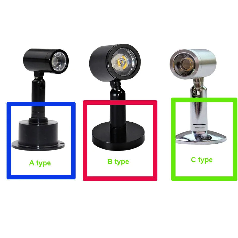 Mini LED Surface Mounted Spotlight 1W 3W AC 85-265V or DC 12V 24V Black Silver Nickel Cabinet Counter Showcase 3 Mount Styles 6 Color Options