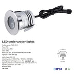 3W IP68 LED Underwater Pool Light 280lm 30° CRI 80+ DC 12-24V 35mm Cutout Stainless Steel