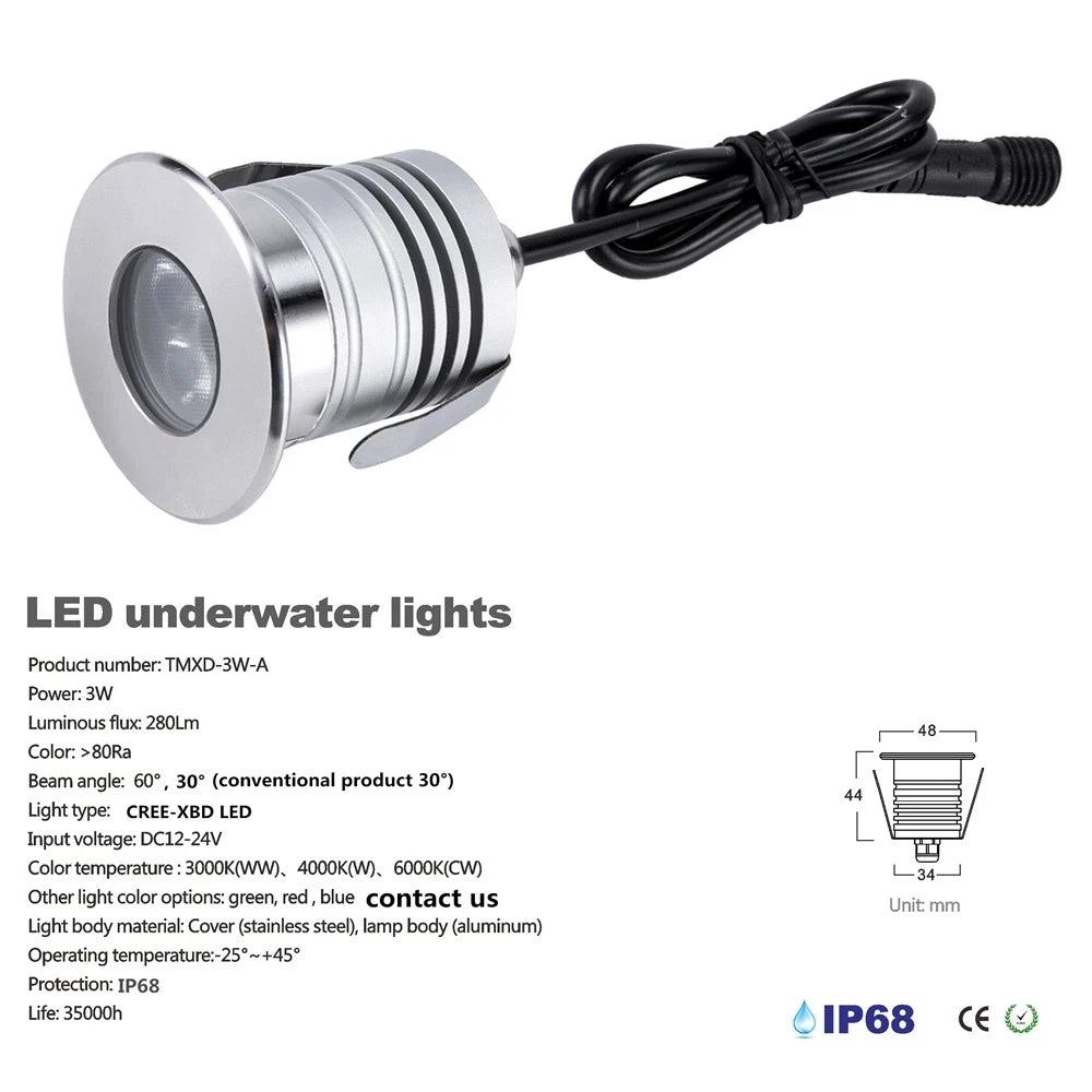3W IP68 LED Underwater Pool Light 280lm 30° CRI 80+ DC 12-24V 35mm Cutout Stainless Steel