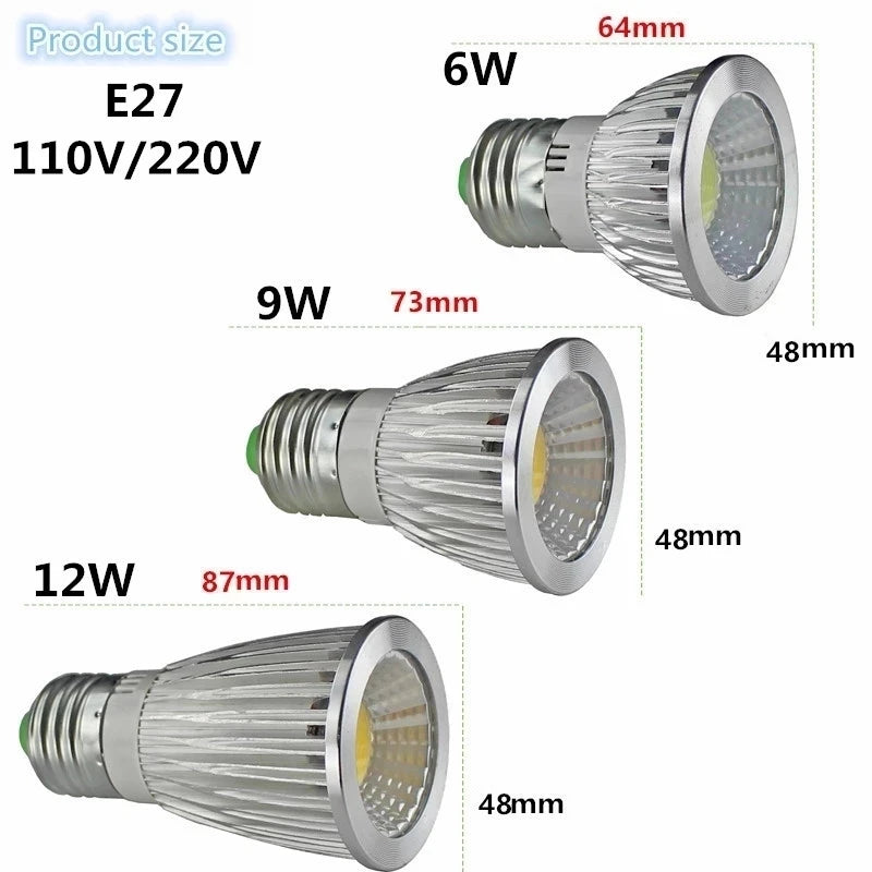 COB Epistar LED Spotlight 6W 9W 12W GU10 E27 E14 GU5.3 MR16 CRI 85+ 120° AC 85-265V