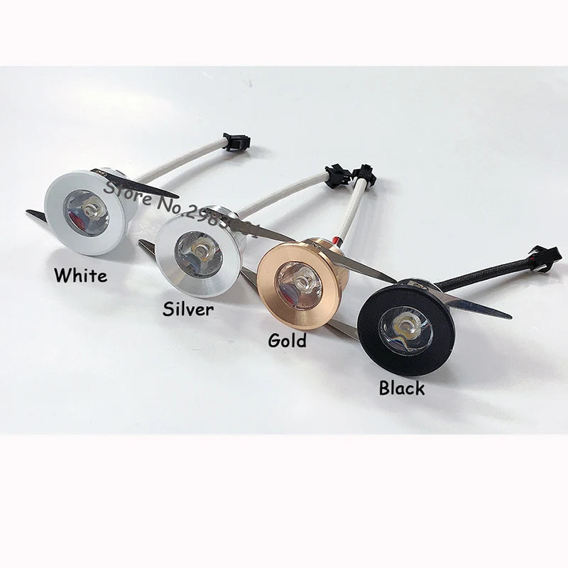 Mini LED Recessed Spotlight 1W 3W AC 85-265V 28mm Cutout 30 Degree Aluminum Brushed Nickel Black White Silver Gold Showcase Cabinet
