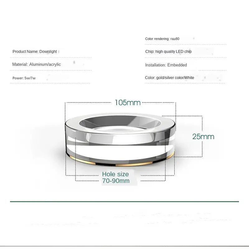 Crystal LED Recessed Downlight 5W 7W CRI 80 Aluminum Acrylic D105 x H25mm 70-90mm Cutout AC 90-260V Warm White Cool White Tricolor Silver White Gold