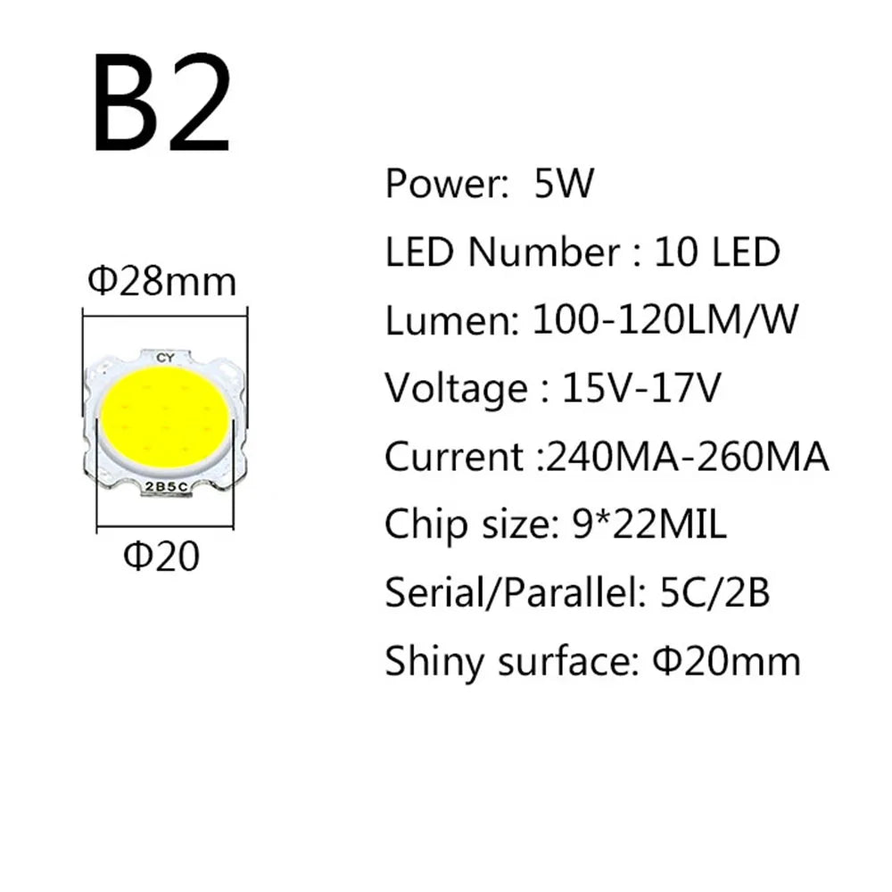 COB LED Chip Light Bead 3W 5W 7W 10W 12W 15W 28mm 85-100lm/W 10 Pack DIY