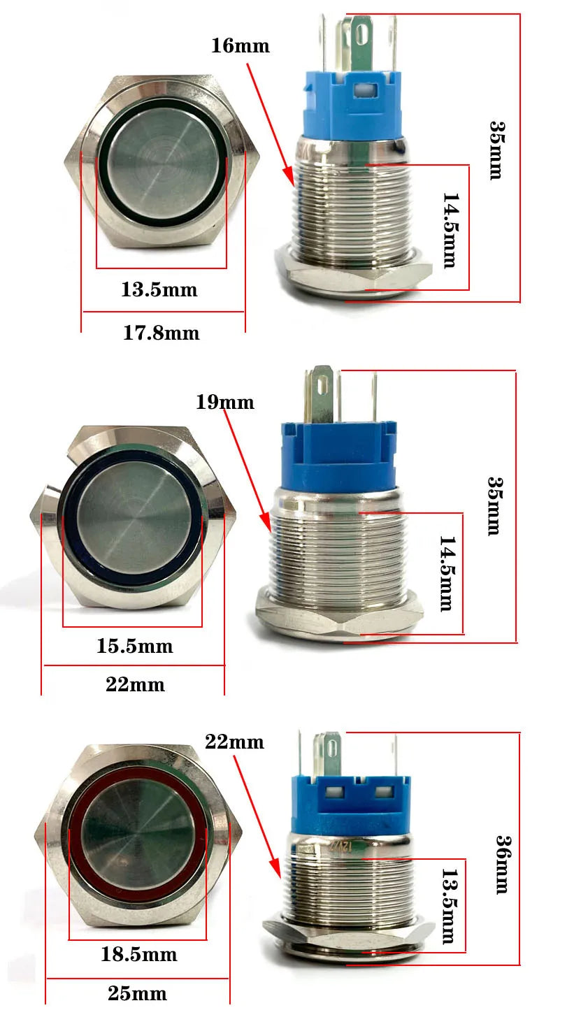 IP65 LED Metal Push Button Switch 12mm 16mm 19mm 22mm 3A Momentary Latching 5-220V 5 Colors