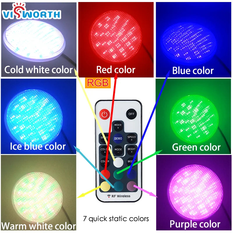 PAR56 LED Pool Light 24W 36W IP68 AC/DC 12V RGB Remote Warm White Cool White D178mm