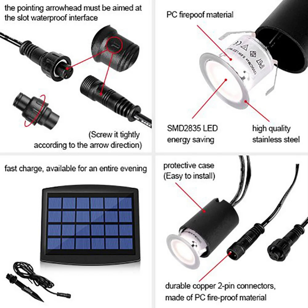 Solar LED Deck Recessed Ground Light IP67 Warm White Neutral White ABS Stainless Steel PC Built-in 2200mAh Battery 6 Pack 8 Pack