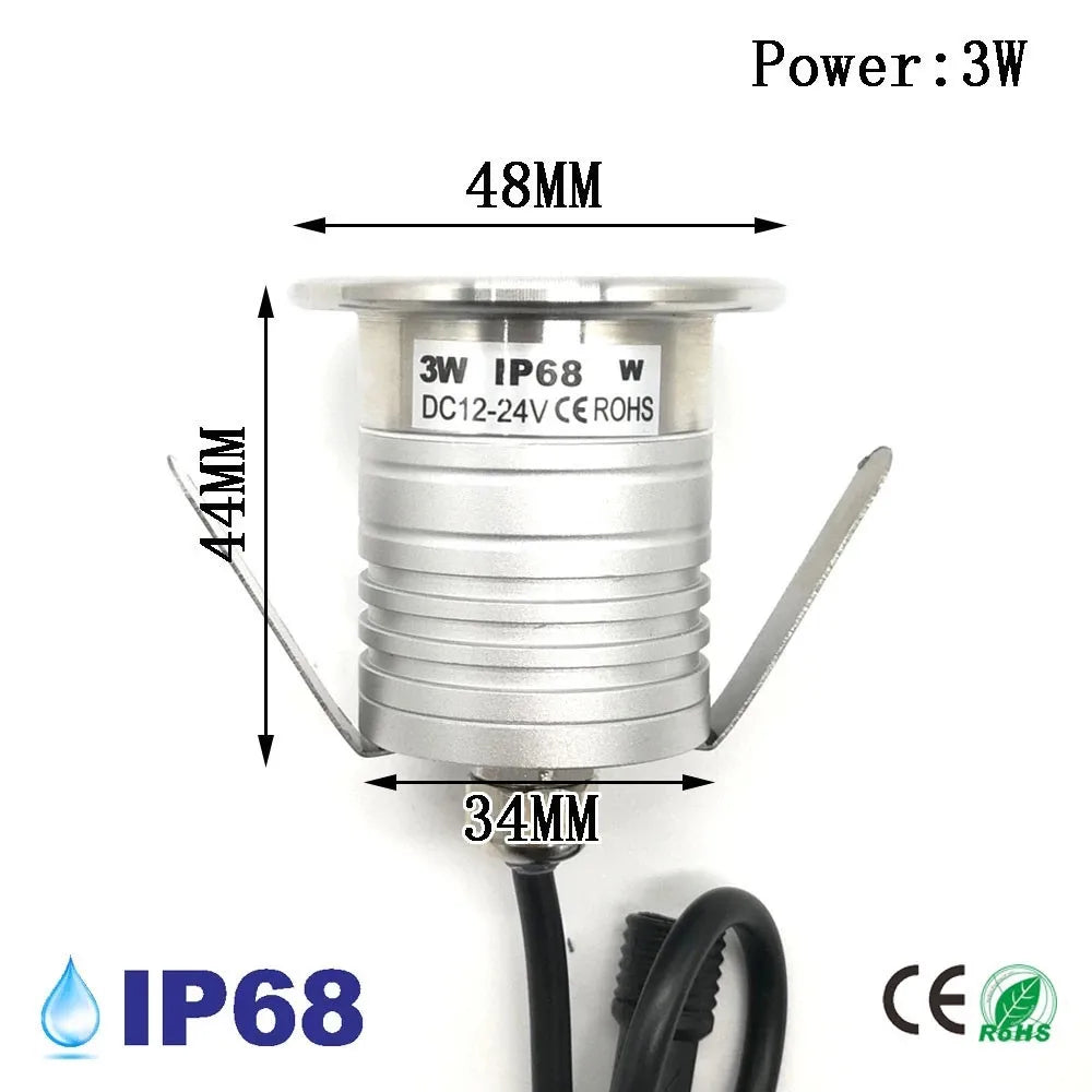 3W IP68 LED Underwater Pool Light 280lm 30° CRI 80+ DC 12-24V 35mm Cutout Stainless Steel