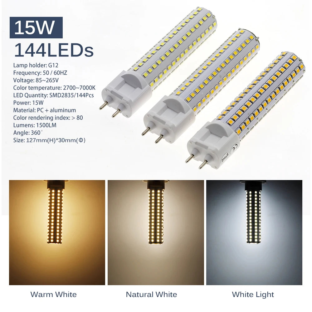 G12 LED Corn Bulb 10W 12W 15W SMD 2835 Epistar 360 Degree AC 85-265V Warm White Neutral White Cool White Clear or No Cover