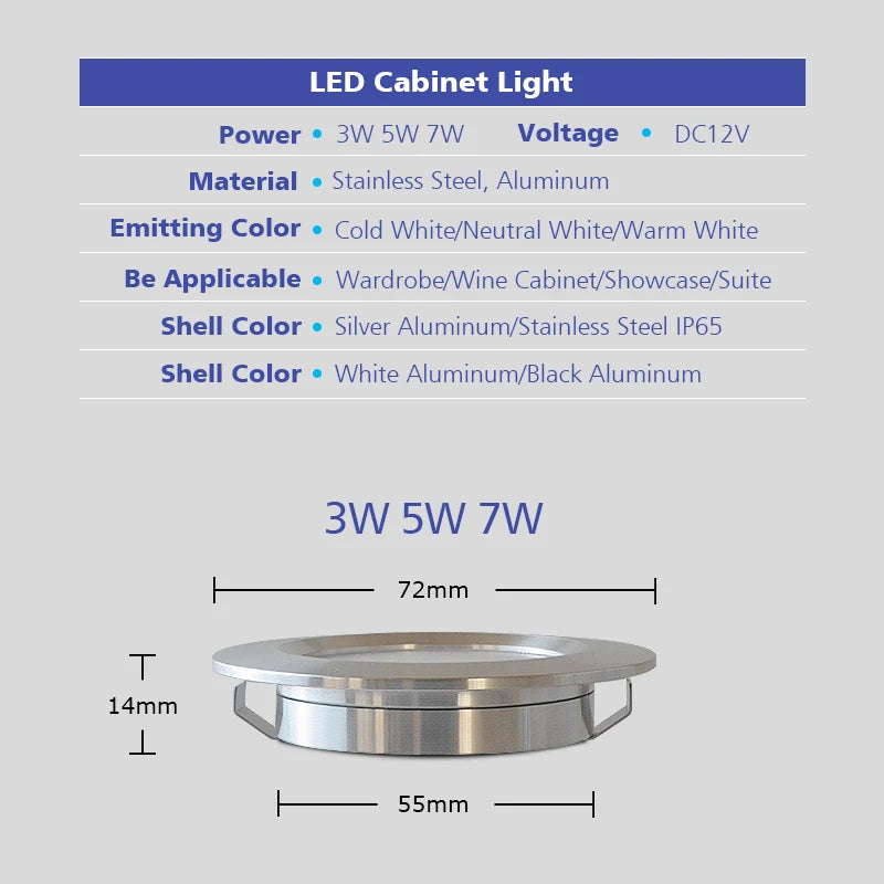 IP65 LED Mini Recessed Downlight 3W 5W 7W DC 12V 120 Degree CRI 80 D72 x H13mm 55-60mm Cutout Warm White Natural White Cool White Cabinet Bathroom