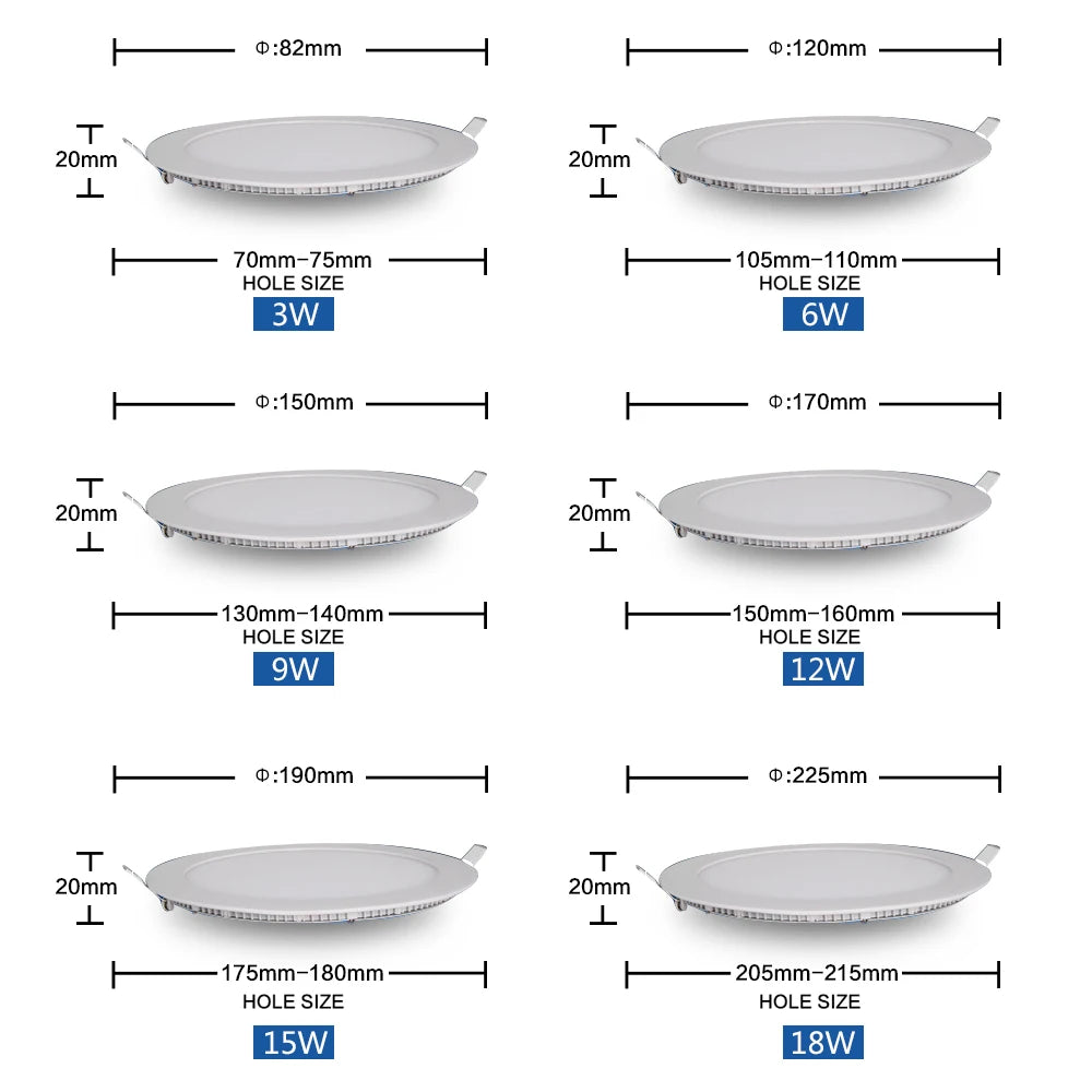 Ultra-Thin Round LED Panel Downlight 3W 6W 9W 12W 15W 18W 24W SMD2835 180° AC 90-265V