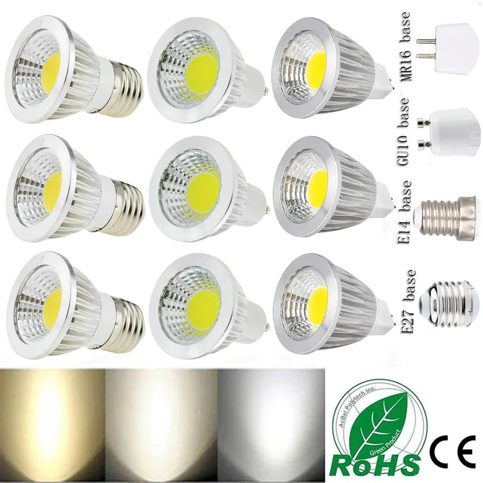 Dimmable COB LED Spotlight Bulb GU10 E27 E14 MR16 6W 9W 12W 60-Degree CRI 80+ 85-265V