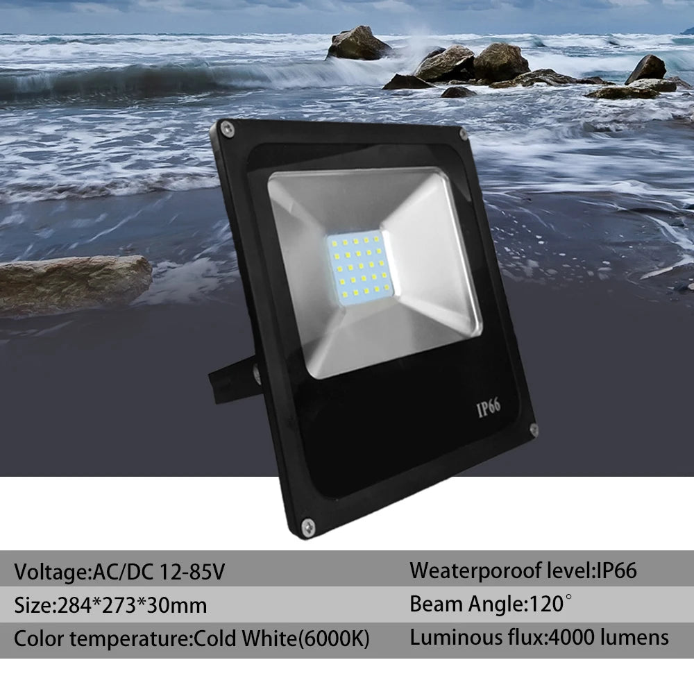 AC/DC 12-85V LED Flood Light 10W 20W 30W 50W IP65 120° Cool White Aluminum Outdoor