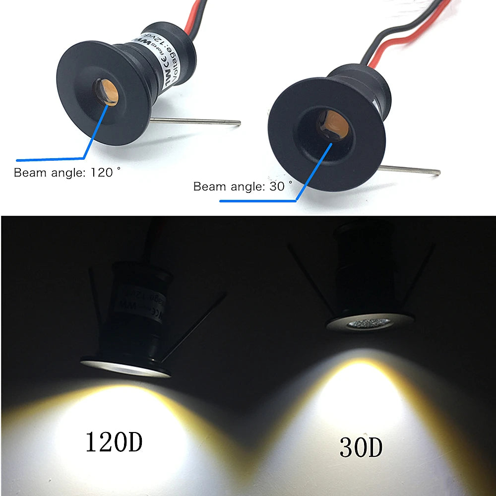 Mini 1W IP65 LED Recessed Spotlight DC 12V Dimmable 15mm Cutout 30 or 120 Degree Aluminum Nickel Finish