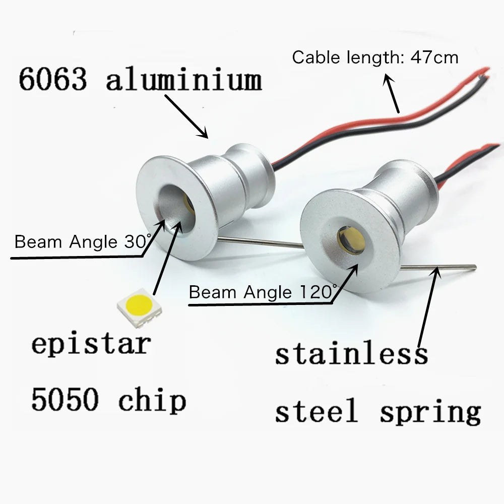 Mini 1W DC12V LED Recessed Spotlight IP65 D20mm 15mm Cutout 30° 120° Dimmable CE RoHS