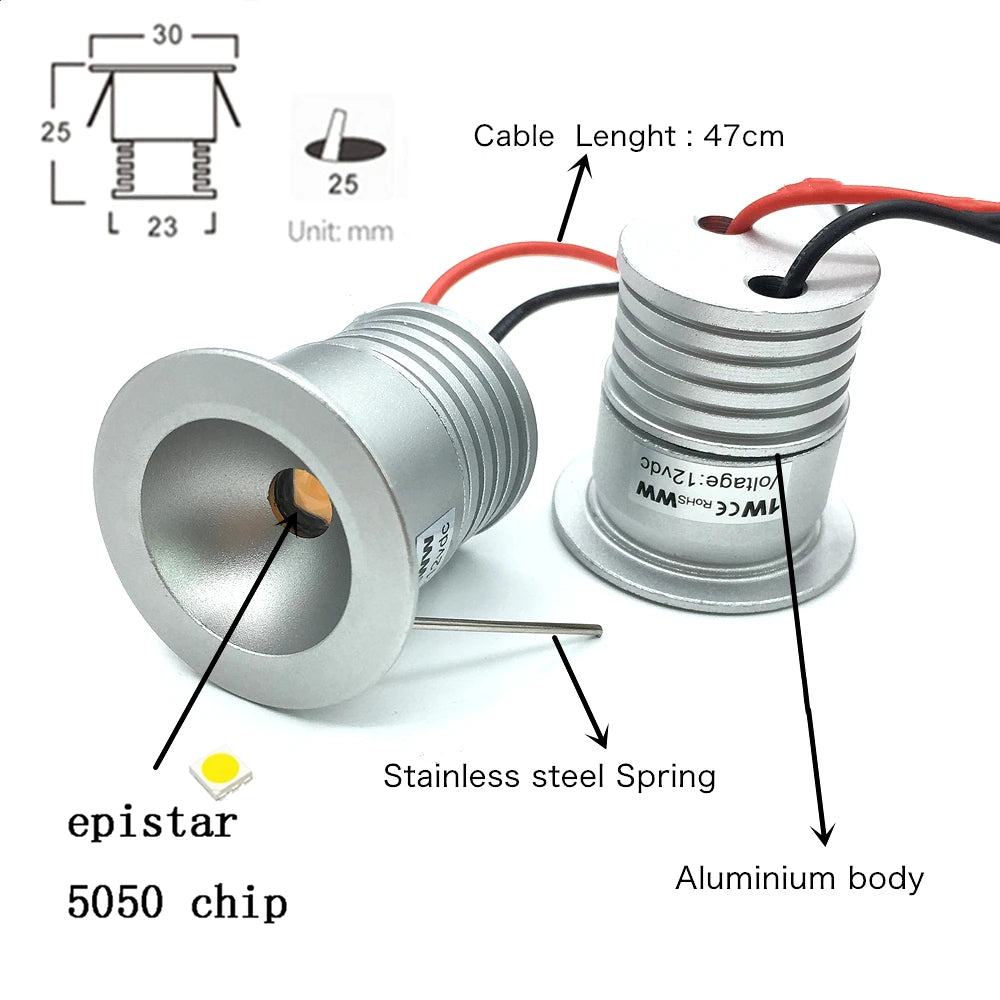 IP65 Mini LED Recessed Spotlight 1W DC 12V 95lm 60 or 120 Degree 25mm Cutout Dimmable Aluminum Silver Warm White Natural White Cool White Cabinet Stair