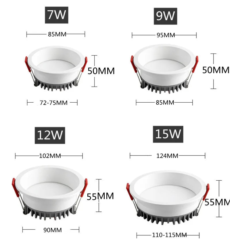 Dimmable Anti-Glare LED Recessed Downlight 7W 9W 12W 15W CRI 90+ 80-Degree 85-265V