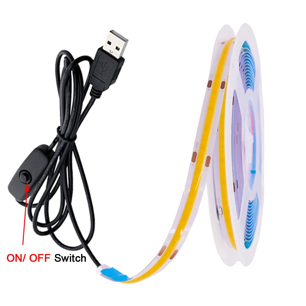 USB DC 5V COB LED Strip Light 320 LED/m 8mm PCB CRI 90 IP33 0.5m to 5m Warm White Natural White Cool White Red Green Blue Yellow Flexible Tape