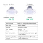 3-Color Switchable LED Recessed Downlight 5W 7W 9W Acrylic CRI 85+ IP52 AC 85-265V