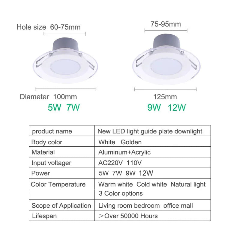 3-Color Switchable LED Recessed Downlight 5W 7W 9W Acrylic CRI 85+ IP52 AC 85-265V